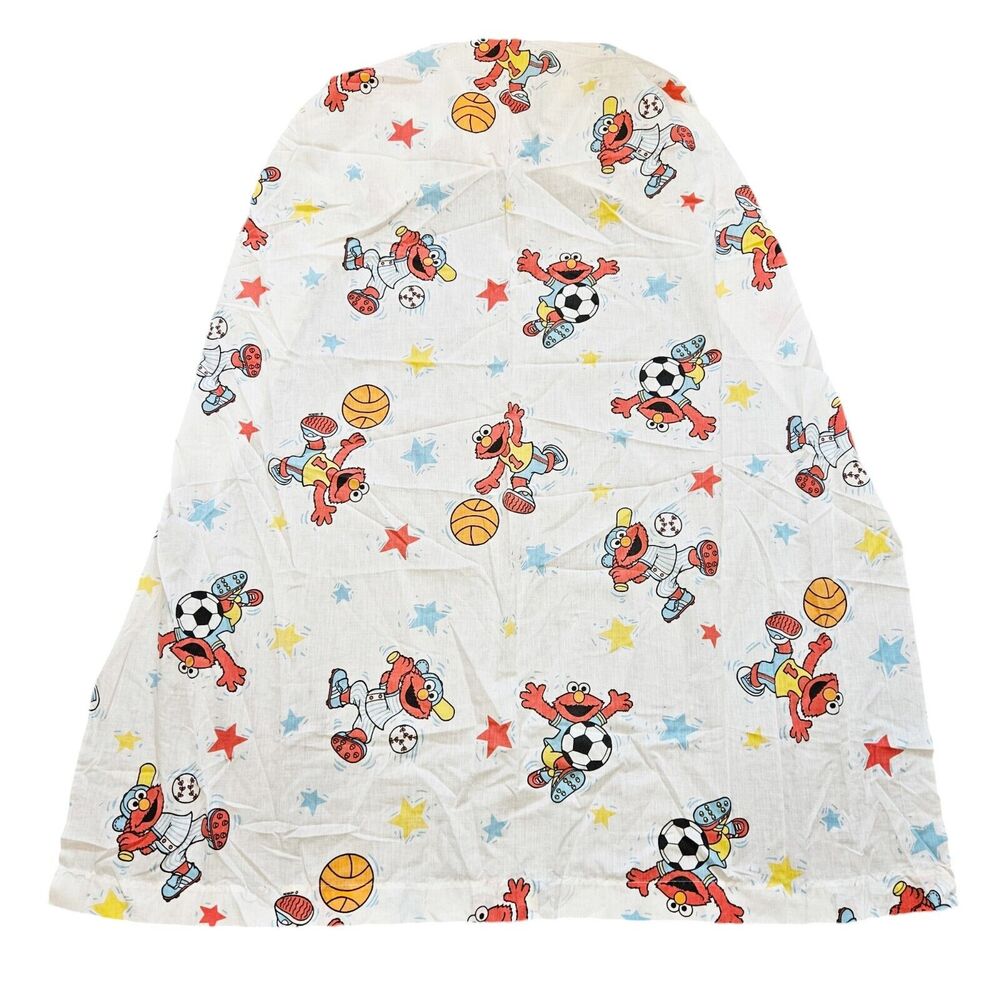 Vtg Elmo Sports Crib Toddler Sheet Fitted White Multi 90s Soccer Basketball